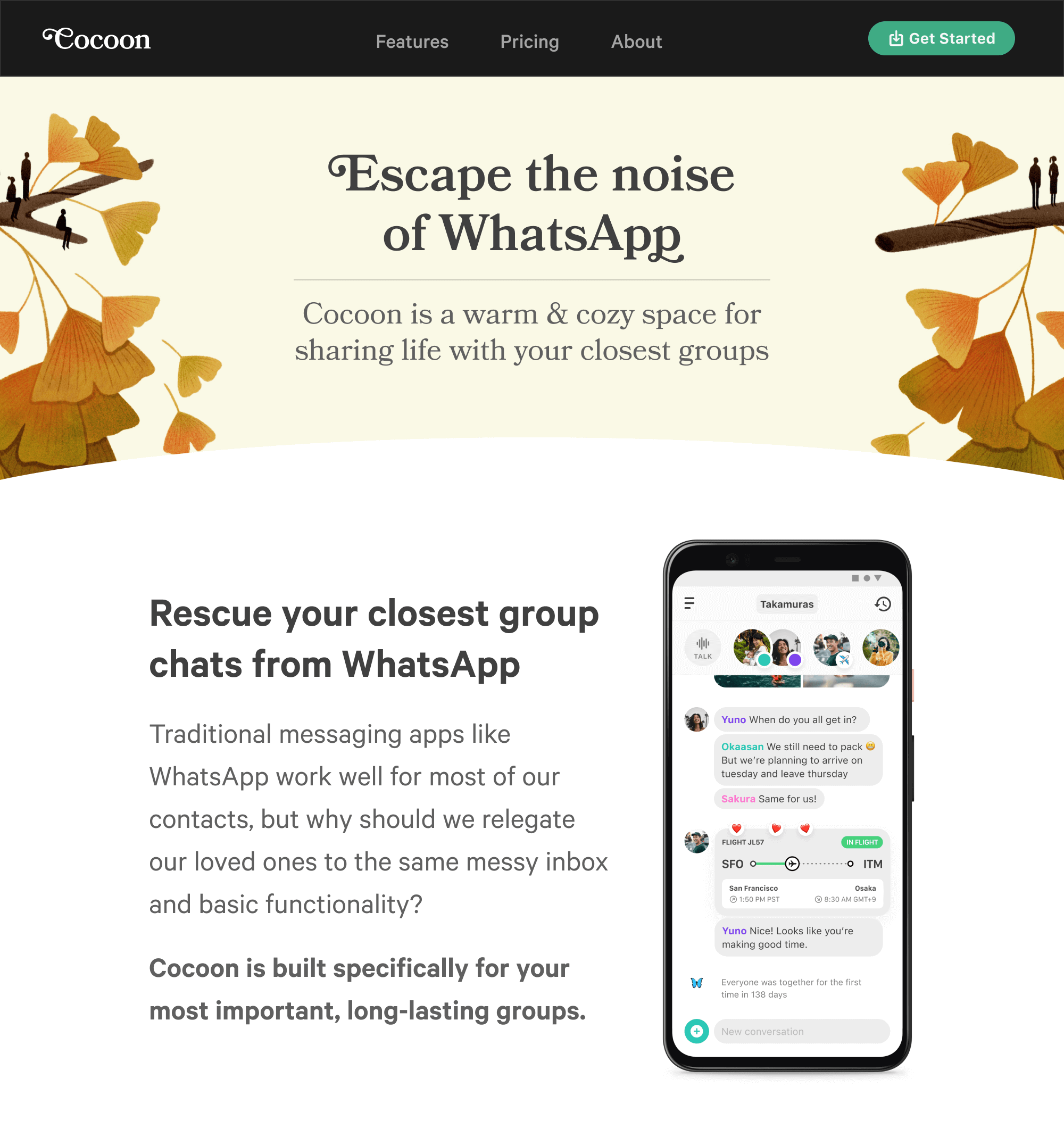 Cocoon website comparison page positioning Cocoon as a WhatsApp alternative