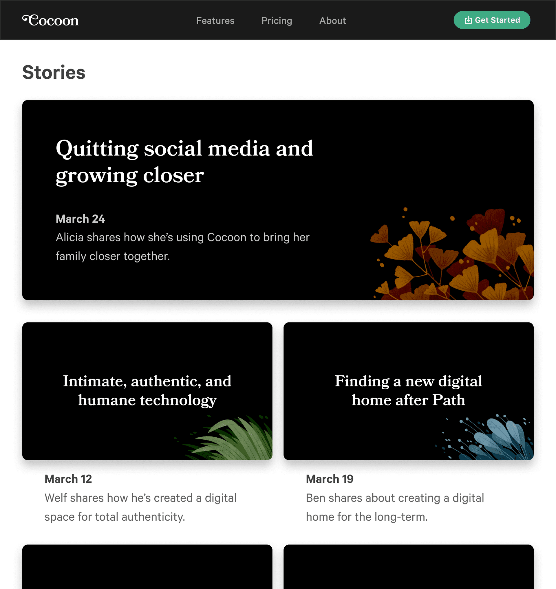 Cocoon website content section showing stories grid