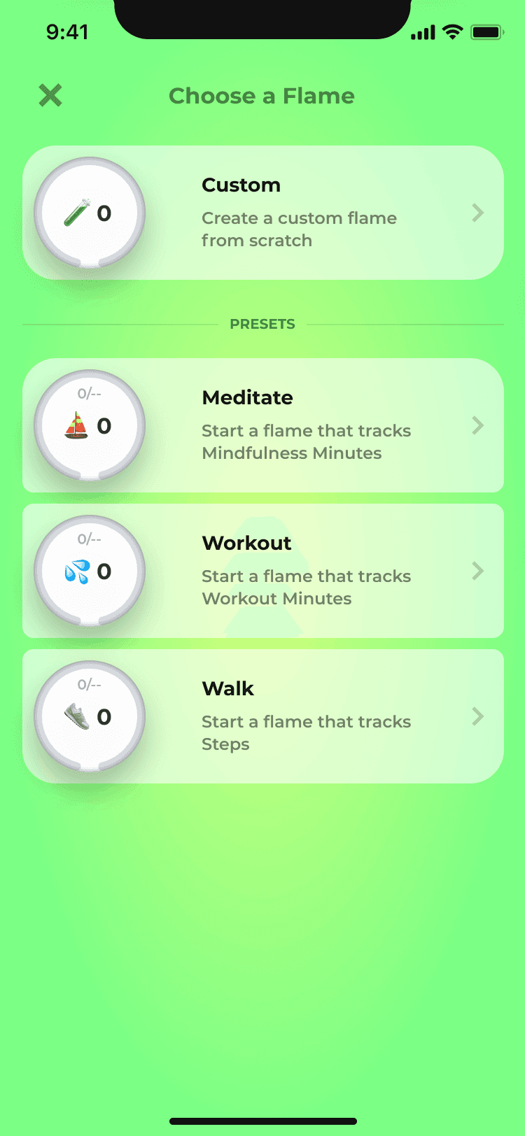 Flames habit creation flow, screen 1