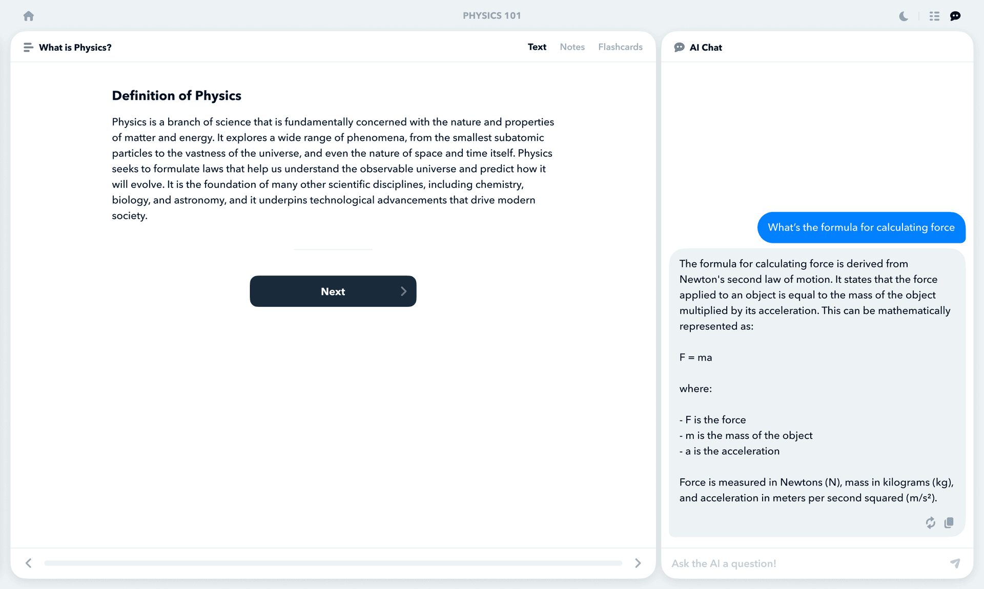 Learning platform showing content chunking