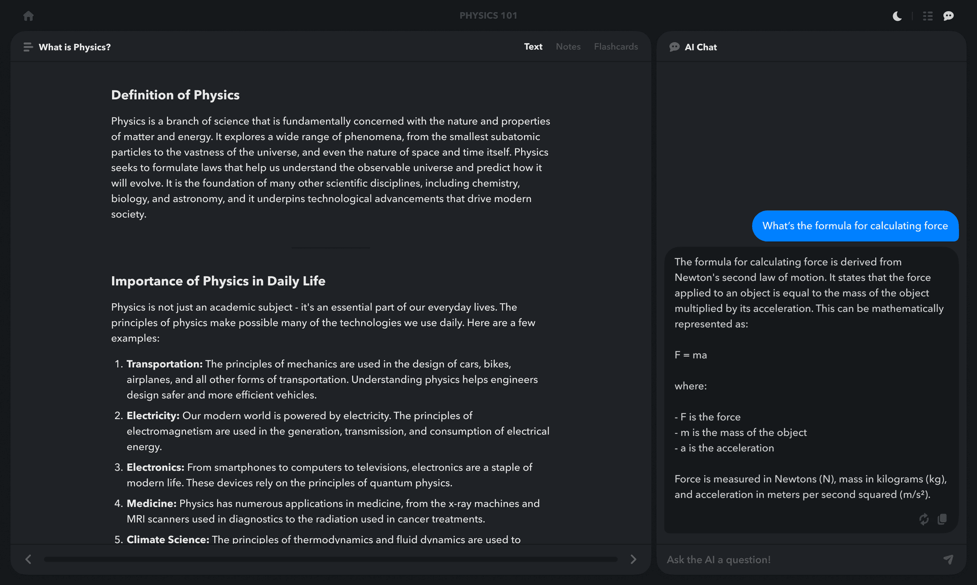 Learning platform in dark mode