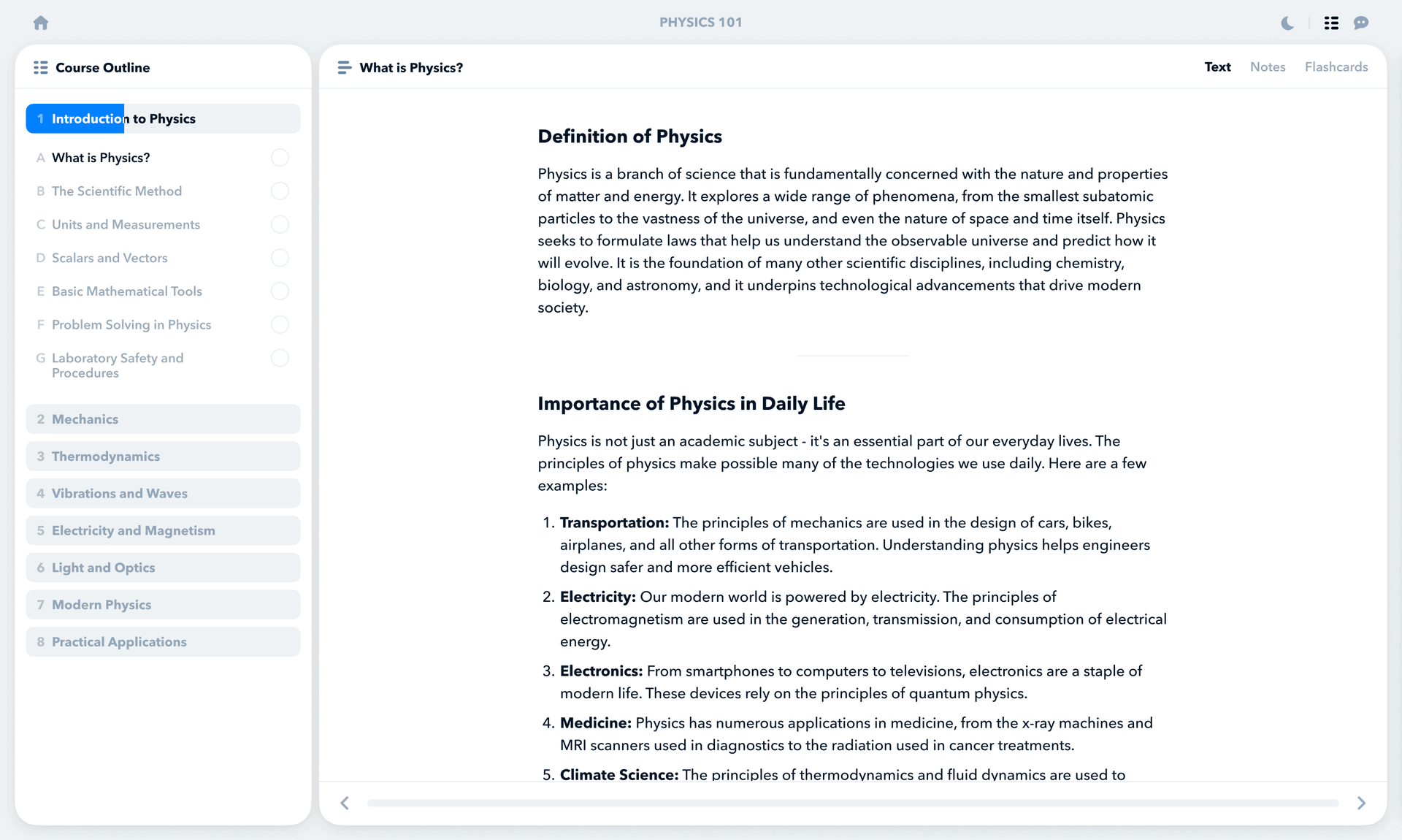 Learning platform with Outline and Content panels open