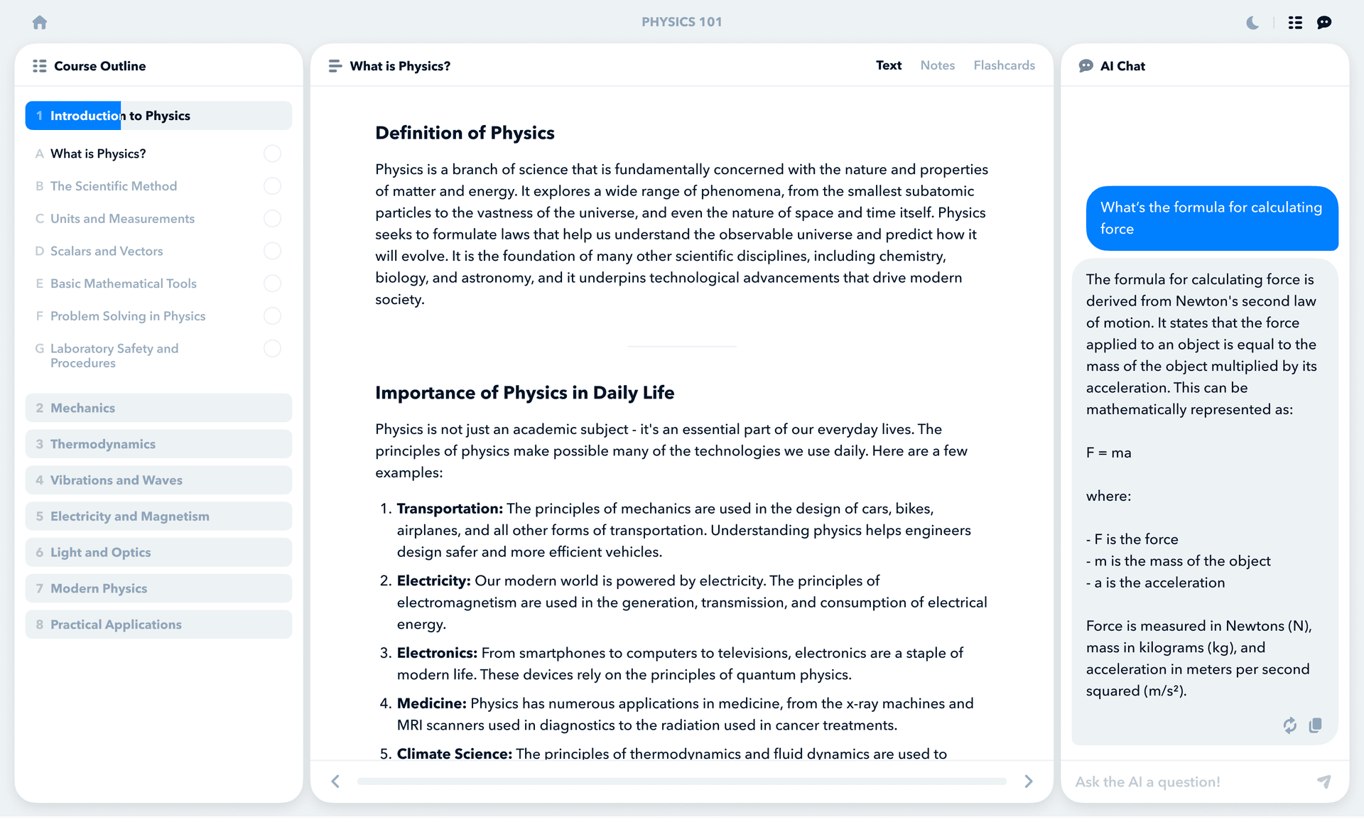Learning platform with Outline, Content, and Chat panels open
