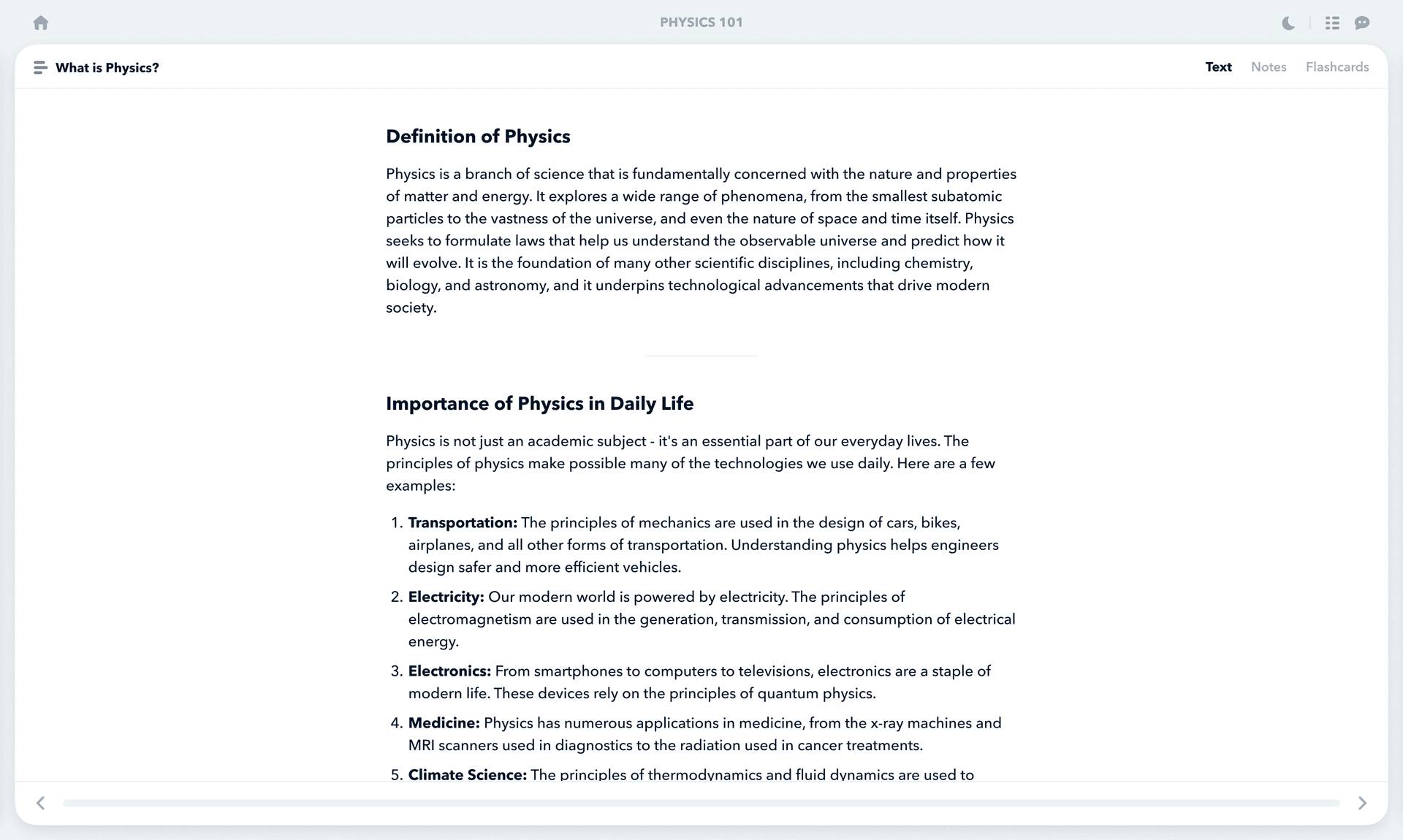 Learning platform with just Content panel open