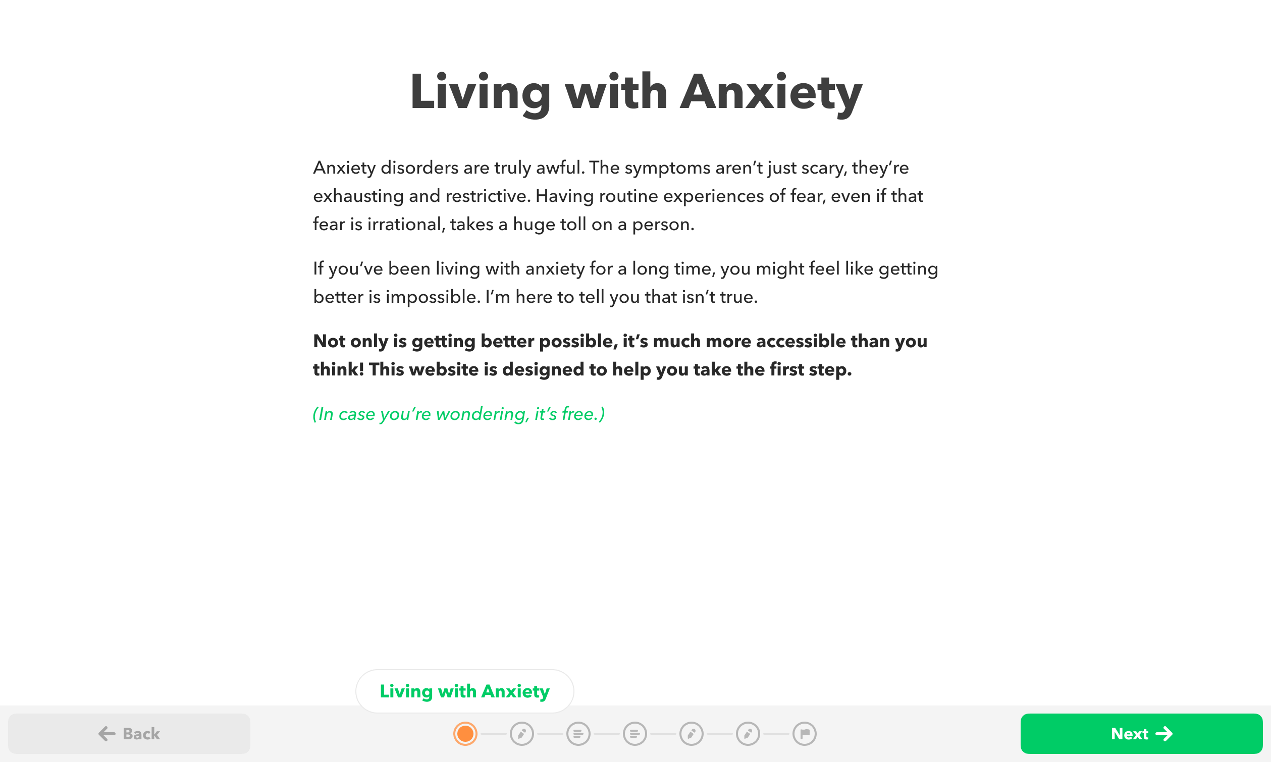 No Therapist intro screen titled Living with Anxiety